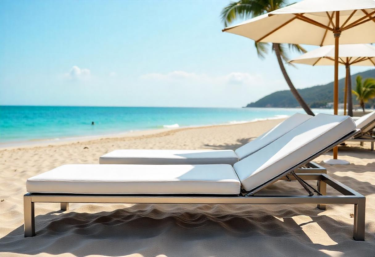 two-stainless-steel-sunbeds-next-to-a-beach