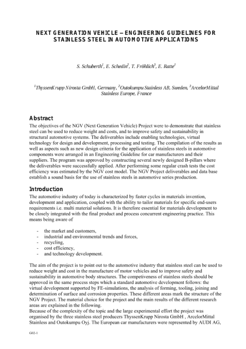 Next Generation Vehicle – Engineering Guidelines for stainless steel in automotive applications Next Generation Vehicle – Engineering Guidelines for stainless steel in automotive applications