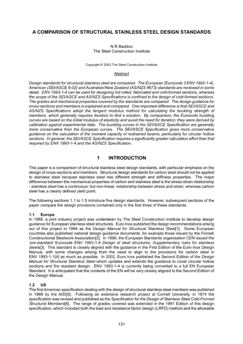 A COMPARISON OF STRUCTURAL STAINLESS STEEL DESIGN STANDARDS A COMPARISON OF STRUCTURAL STAINLESS STEEL DESIGN STANDARDS