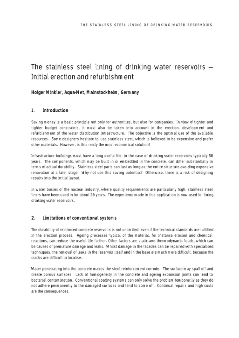 The stainless steel lining of drinking water reservoirs - initial erection and refurbishment The stainless steel lining of drinking water reservoirs - initial erection and refurbishment