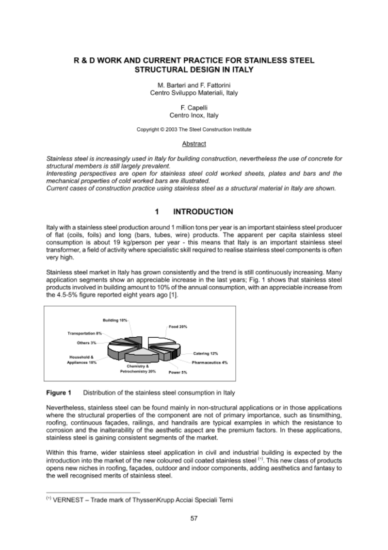 R & D WORK AND CURRENT PRACTICE FOR STAINLESS STEEL STRUCTURAL DESIGN IN ITALY R & D WORK AND CURRENT PRACTICE FOR STAINLESS STEEL STRUCTURAL DESIGN IN ITALY