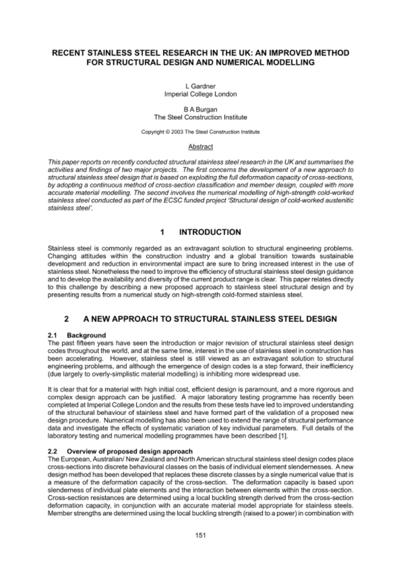 RECENT STAINLESS STEEL RESEARCH IN THE UK: AN IMPROVED METHOD FOR STRUCTURAL DESIGN AND NUMERICAL MODELLING RECENT STAINLESS STEEL RESEARCH IN THE UK: AN IMPROVED METHOD FOR STRUCTURAL DESIGN AND NUMERICAL MODELLING