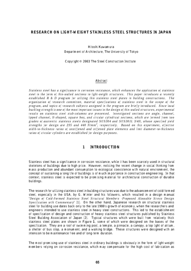 RESEARCH ON LIGHT-WEIGHT STAINLESS STEEL STRUCTURES IN JAPAN RESEARCH ON LIGHT-WEIGHT STAINLESS STEEL STRUCTURES IN JAPAN