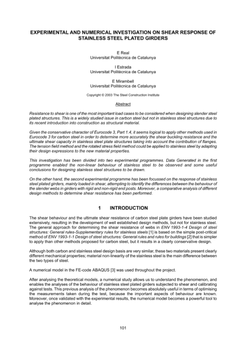 EXPERIMENTAL AND NUMERICAL INVESTIGATION ON SHEAR RESPONSE OF STAINLESS STEEL PLATED GIRDERS EXPERIMENTAL AND NUMERICAL INVESTIGATION ON SHEAR RESPONSE OF STAINLESS STEEL PLATED GIRDERS