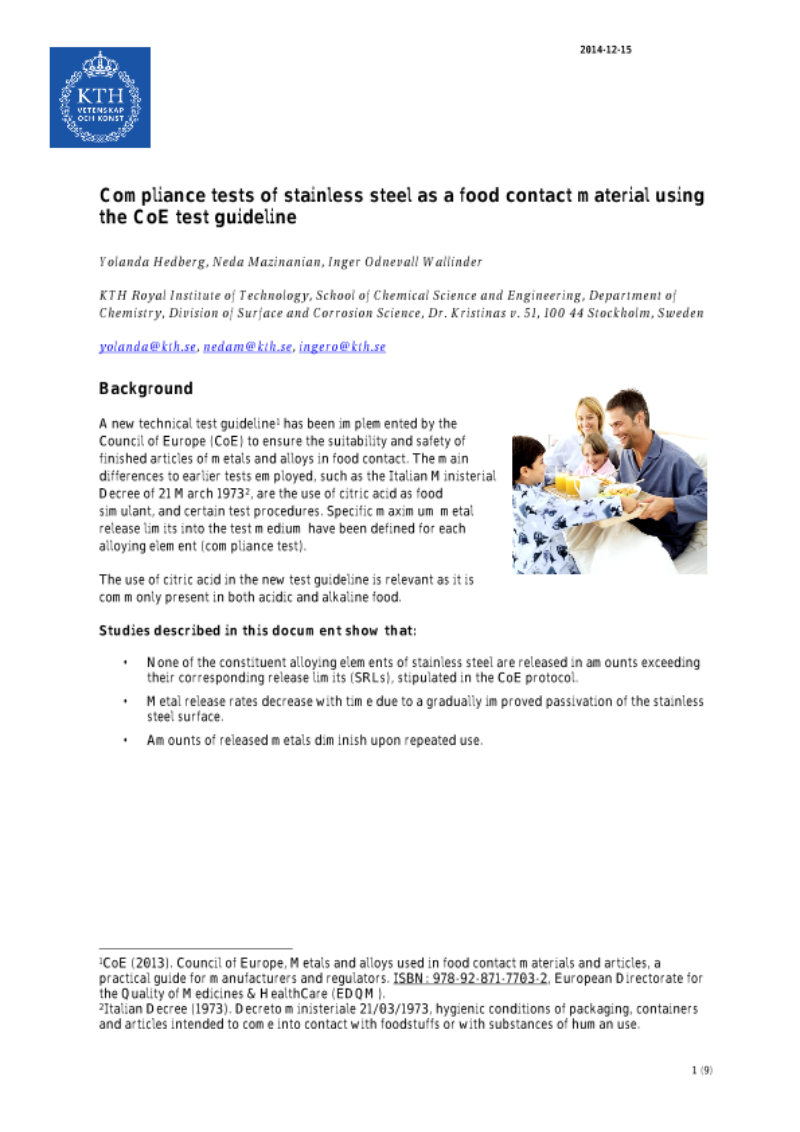 FOOD CONTACT: Compliance Tests of Stainless Steel as a Food Contact Material Using the CoE Test Guideline FOOD CONTACT: Compliance Tests of Stainless Steel as a Food Contact Material Using the CoE Test Guideline