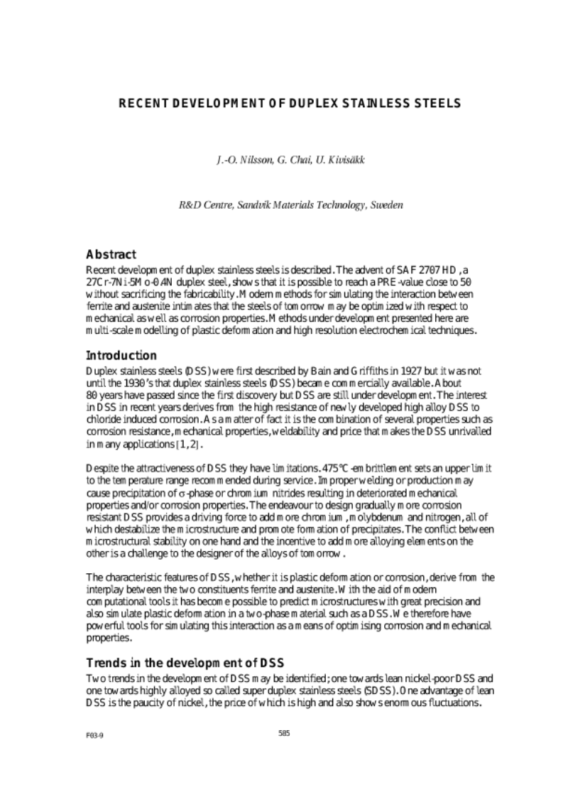 Proceedings of the 6th Stainless Steel Science and Market Conference, 10-13 June 2008, Helsinki. PART 13: DUPLEX Proceedings of the 6th Stainless Steel Science and Market Conference, 10-13 June 2008, Helsinki. PART 13: DUPLEX