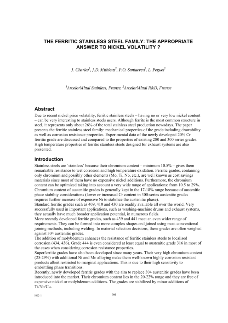 Proceedings of the 6th Stainless Steel Science and Market Conference, 10-13 June 2008, Helsinki. PART 17: FERRITICS Proceedings of the 6th Stainless Steel Science and Market Conference, 10-13 June 2008, Helsinki. PART 17: FERRITICS