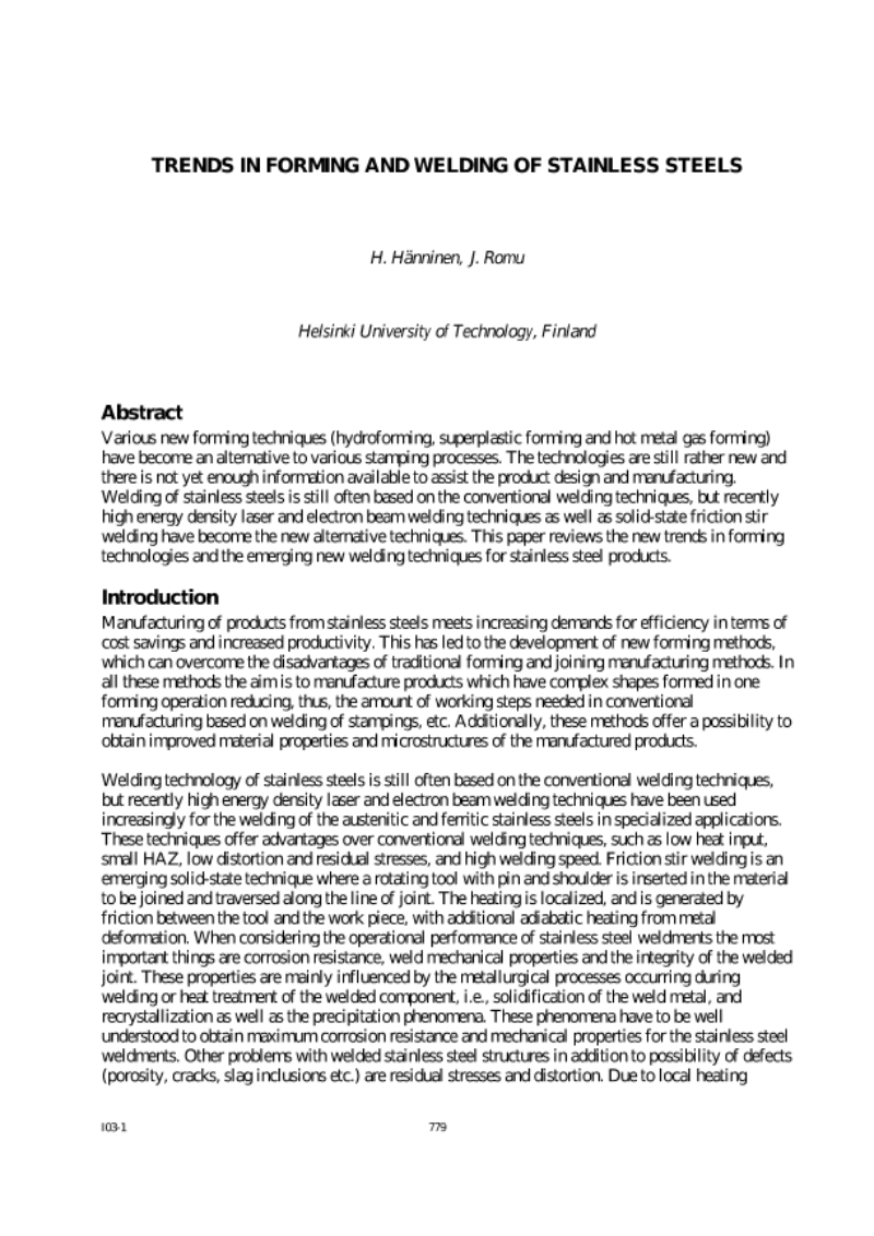 Proceedings of the 6th Stainless Steel Science and Market Conference, 10-13 June 2008, Helsinki. PART 19: FORMING AND WELDING