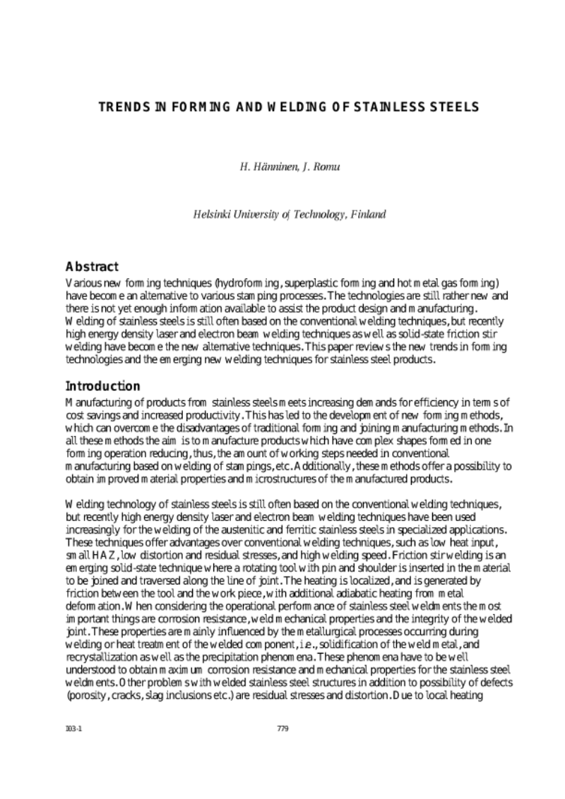 Proceedings of the 6th Stainless Steel Science and Market Conference, 10-13 June 2008, Helsinki. PART 19: FORMING AND WELDING Proceedings of the 6th Stainless Steel Science and Market Conference, 10-13 June 2008, Helsinki. PART 19: FORMING AND WELDING