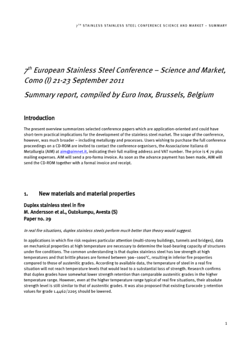 7th European Stainless Steel Conference – Science and Market, Como 2011